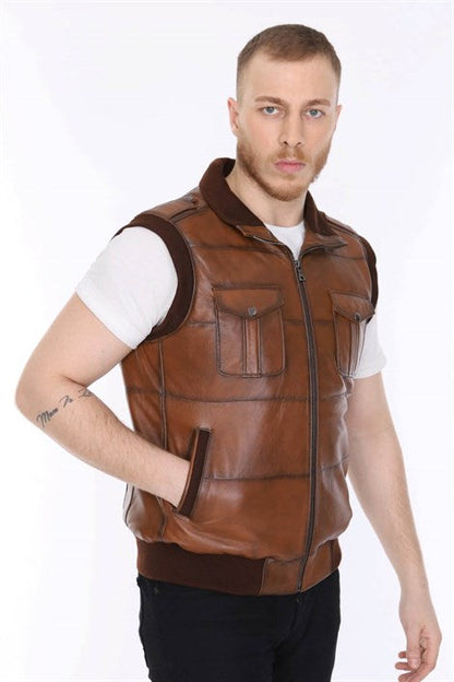 Men's Leather Vest Elastic Waist Tan Color