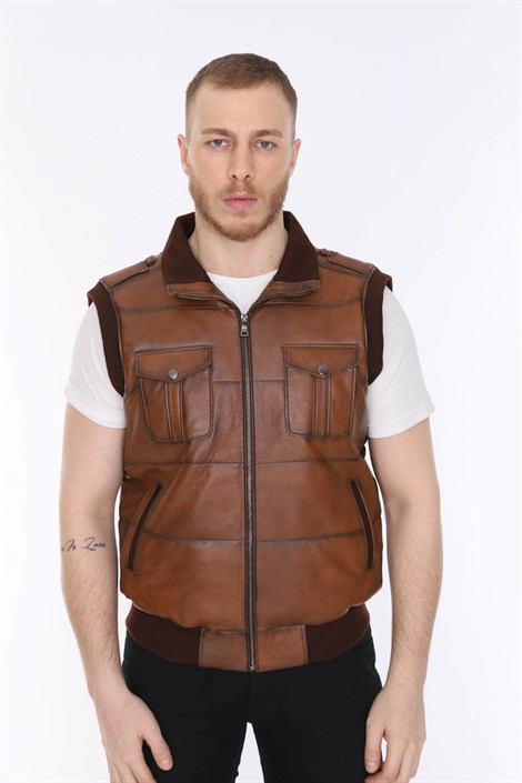 Men's Leather Vest Elastic Waist Tan Color