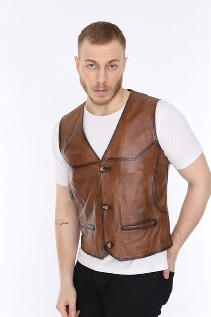 Men's Leather Vest Classic Tan Single Zipper Pocket