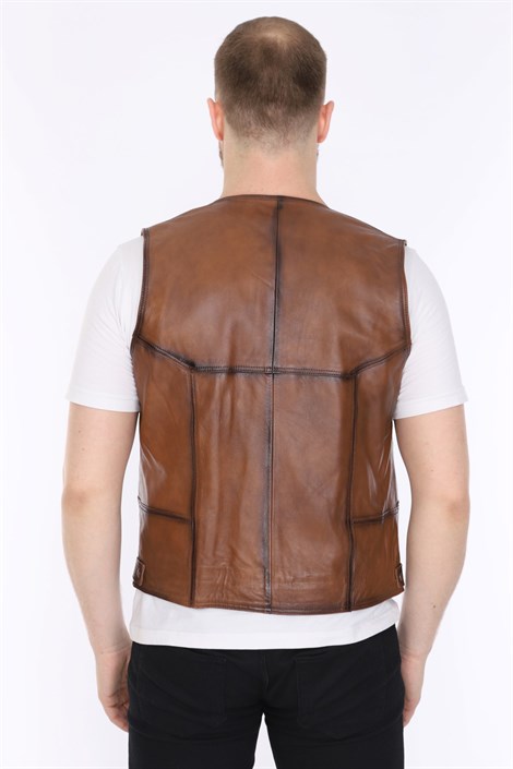 Men's Leather Vest Classic Tan Single Zipper Pocket