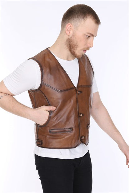 Men's Leather Vest Classic Tan Single Zipper Pocket