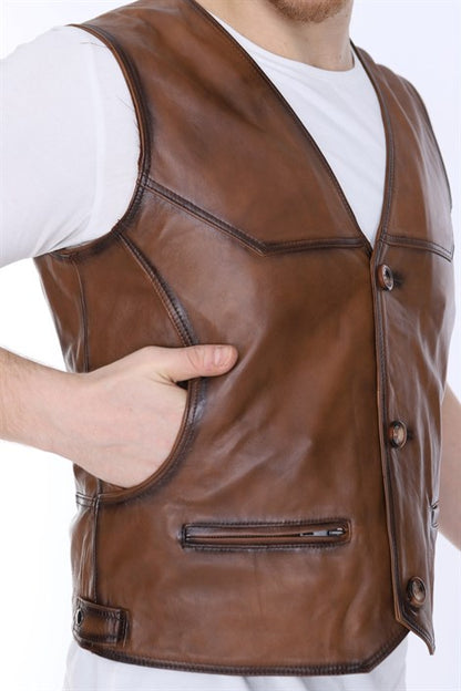 Men's Leather Vest Classic Tan Single Zipper Pocket