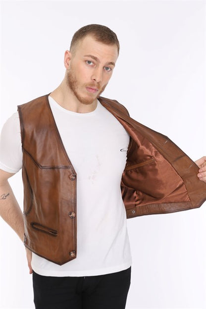 Men's Leather Vest Classic Tan Single Zipper Pocket