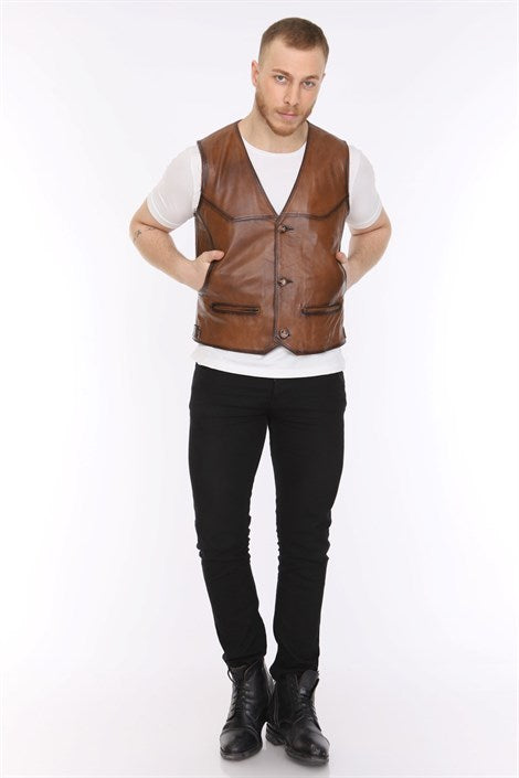 Men's Leather Vest Classic Tan Single Zipper Pocket