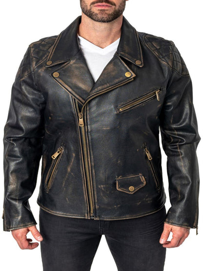 Black Mens Distressed Leather Biker Jacket