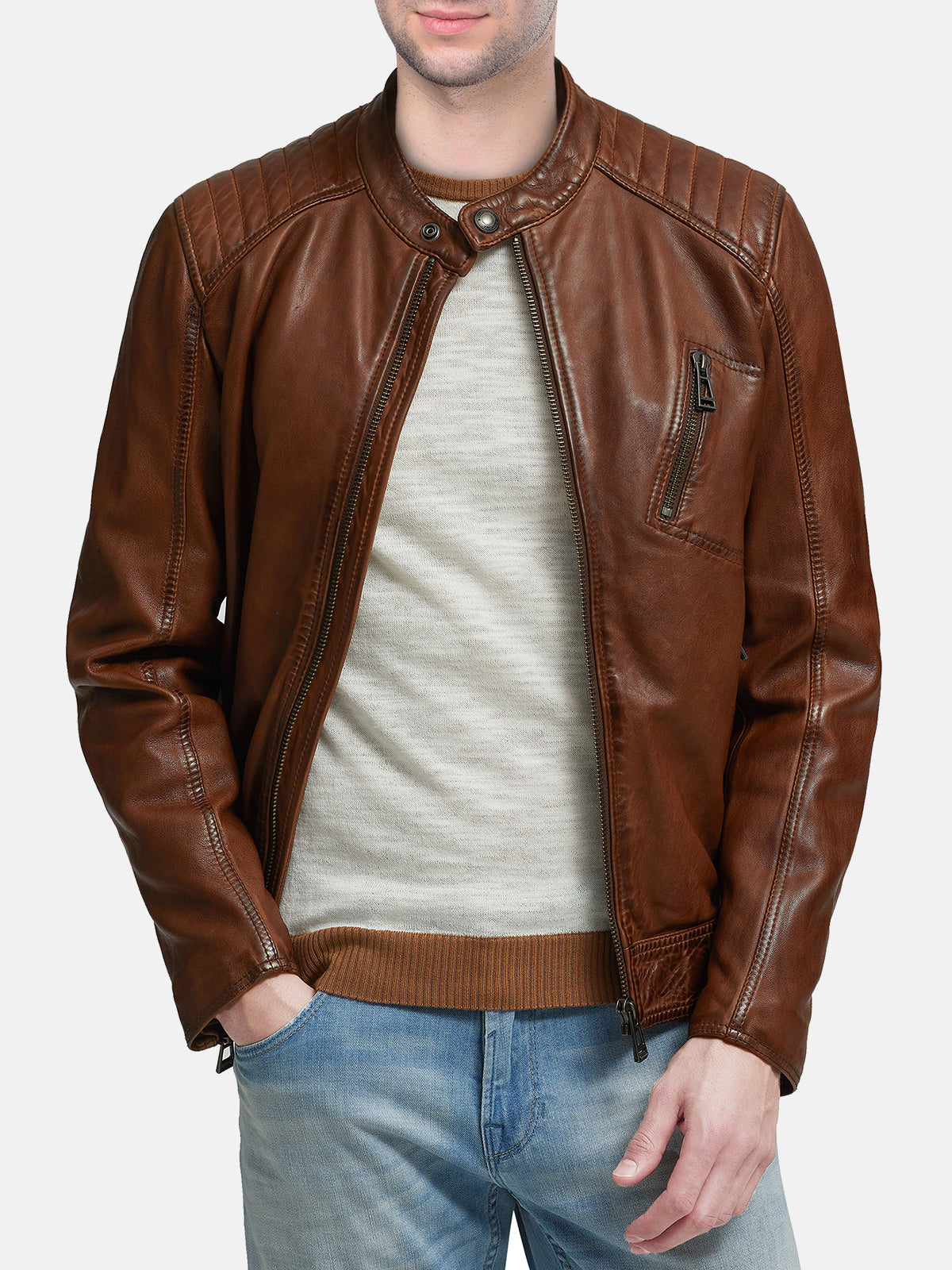 Mens Brown Real Leather Jacket - Frozva