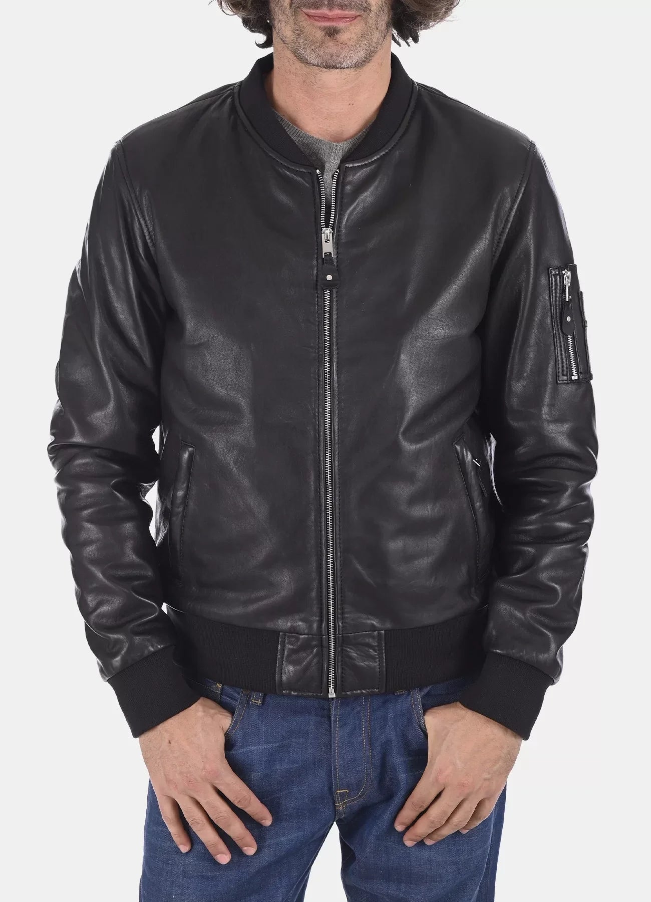 Mens Black Bomber Ink Leather Jacket