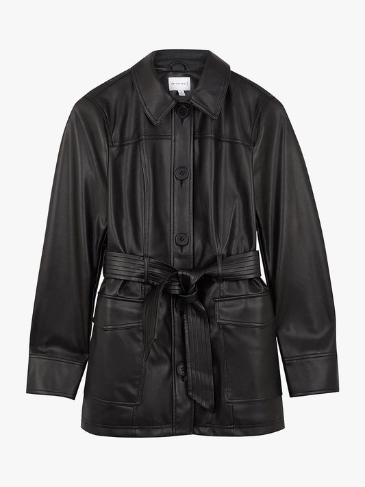 Black Genuine Leather Belted Jacket