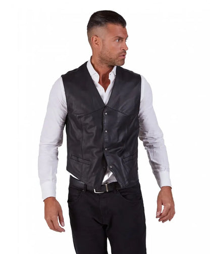 Men's Classic Black Real Leather Vest - Frozva