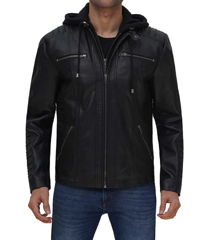 Black Cafe Racer Leather Jacket With Removable Hood – Frozva