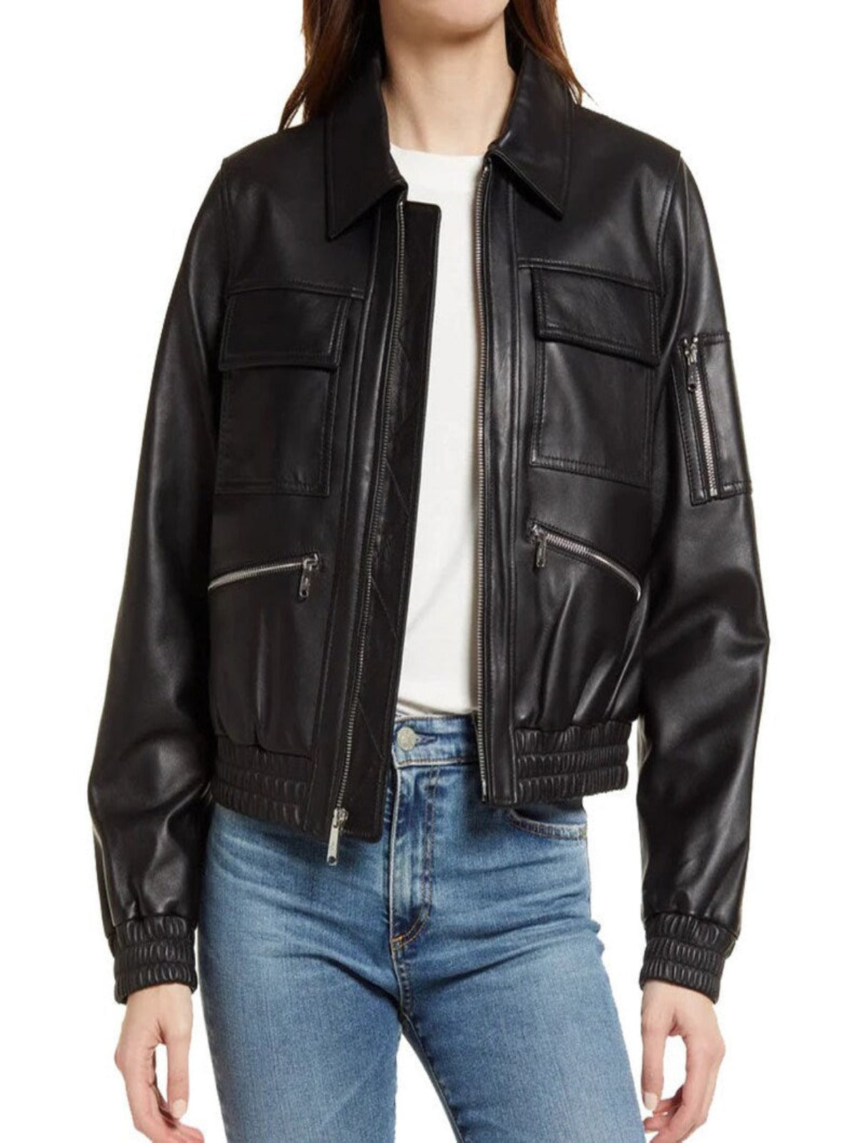 Black Women's Leather Bomber Jacket