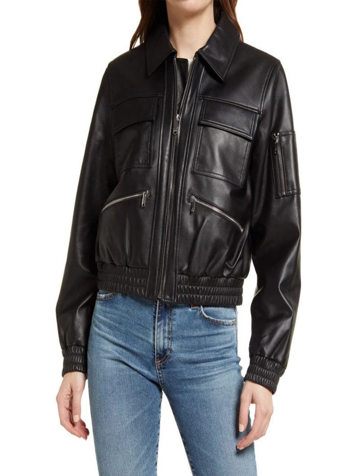 Black Women's Leather Bomber Jacket