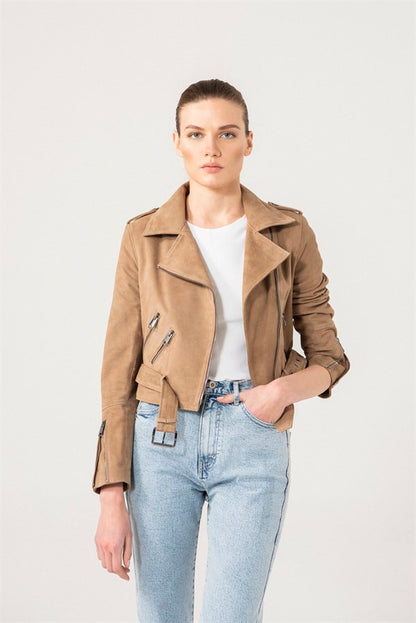 Womens Camel Suede Biker Leather Jacket