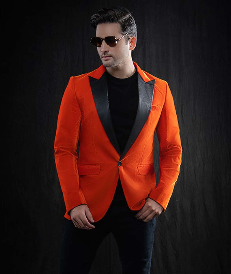 Mens Black Peak Lapel Orange Sports Coat