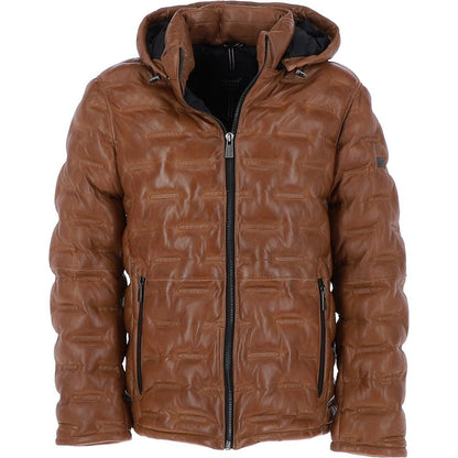 Men's Leather Detachable Hood Puffer Jacket