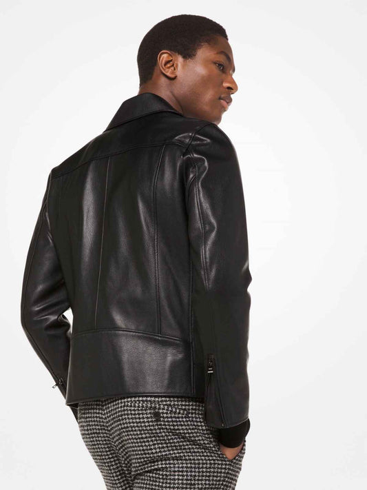 Men Biker Hem Cuff Grained Leather Jacket