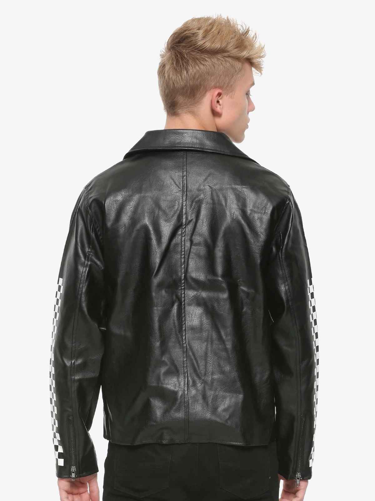 Mens Lapel Collar Checkered Leather Jacket