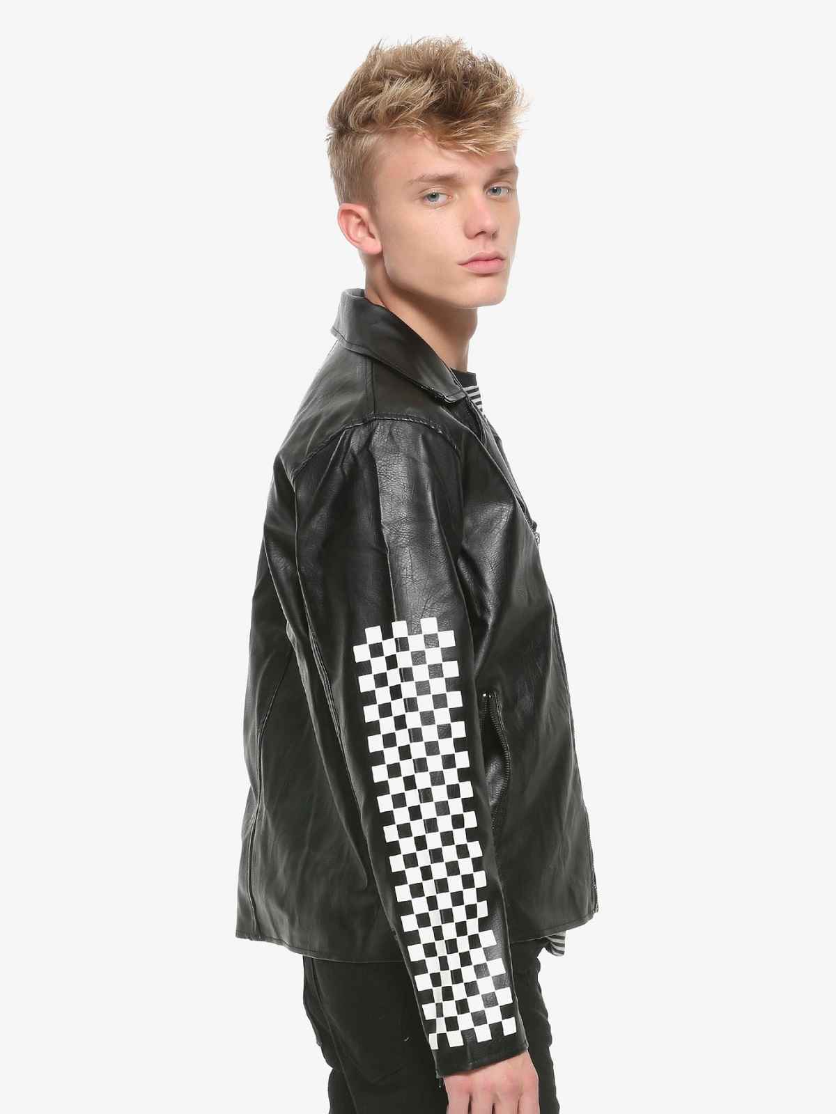 Mens Lapel Collar Checkered Leather Jacket