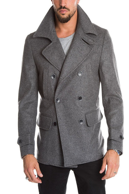 Men Grey Long Pea Coat - Frozva