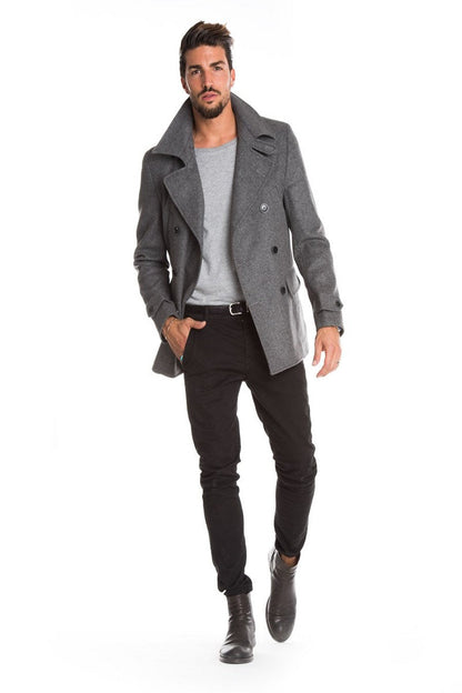 Men Grey Long Pea Coat - Frozva