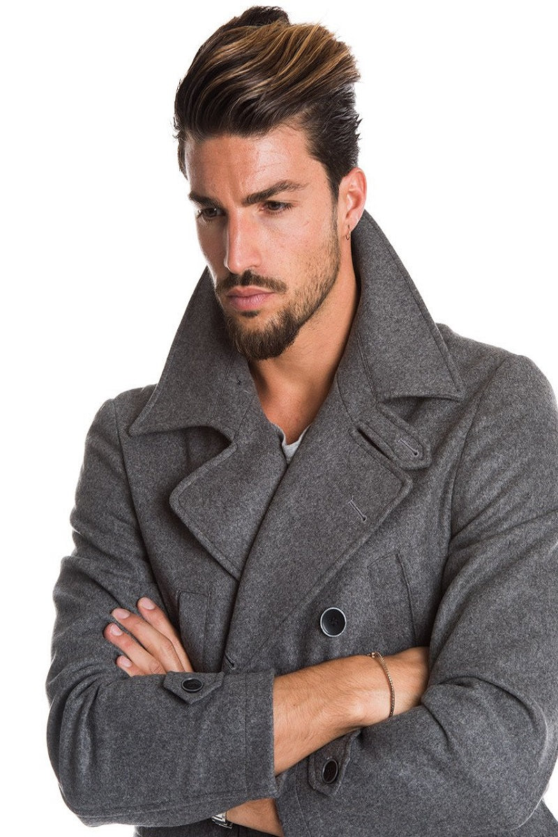 Men Grey Long Pea Coat - Frozva