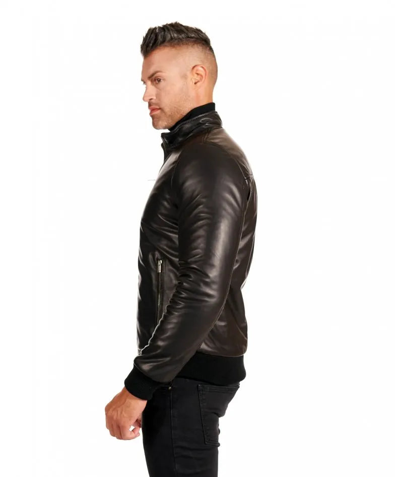 Black Leather Bomber Motorcycle Jacket - Frozva