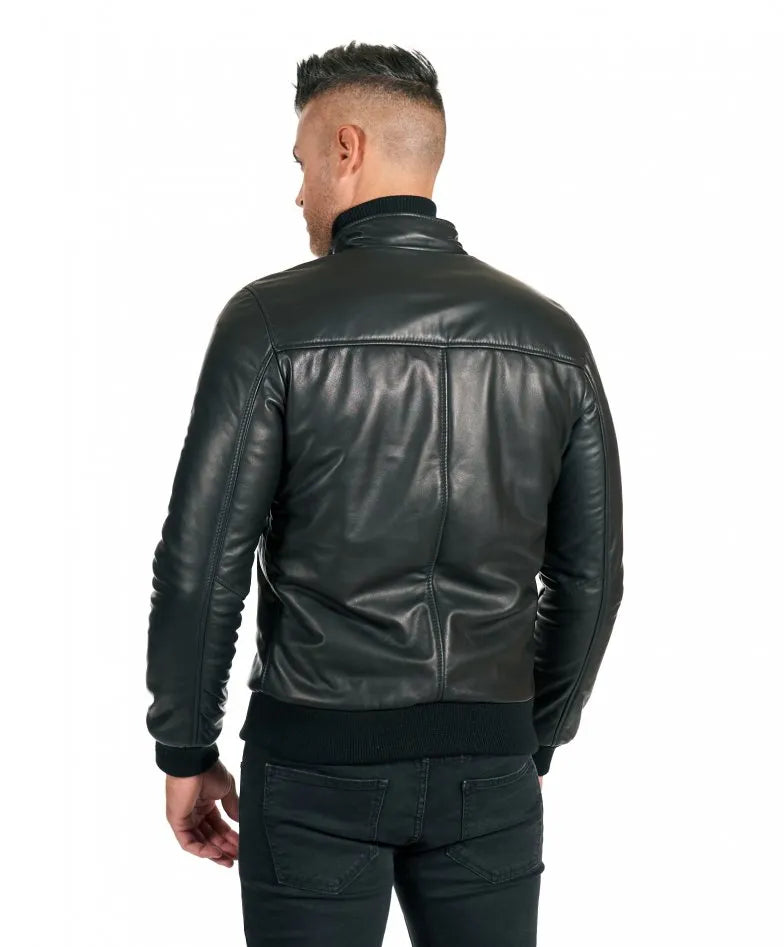 Black Leather Bomber Motorcycle Jacket - Frozva