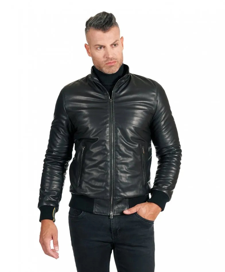 Black Leather Bomber Motorcycle Jacket - Frozva