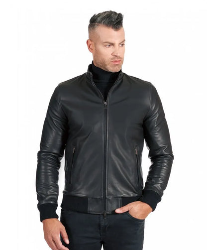 Black nappa lamb leather bomber jacket