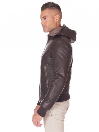 Brown Mens Lambskin Leather Biker Hooded Collar Jacket