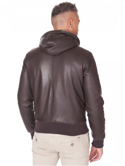 Brown Mens Lambskin Leather Biker Hooded Collar Jacket