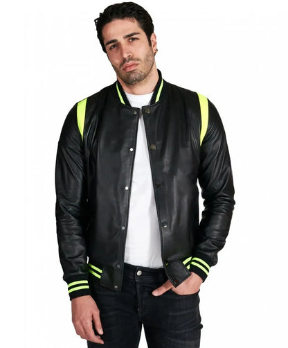 Black Real Leather Bomber Jacket for Men