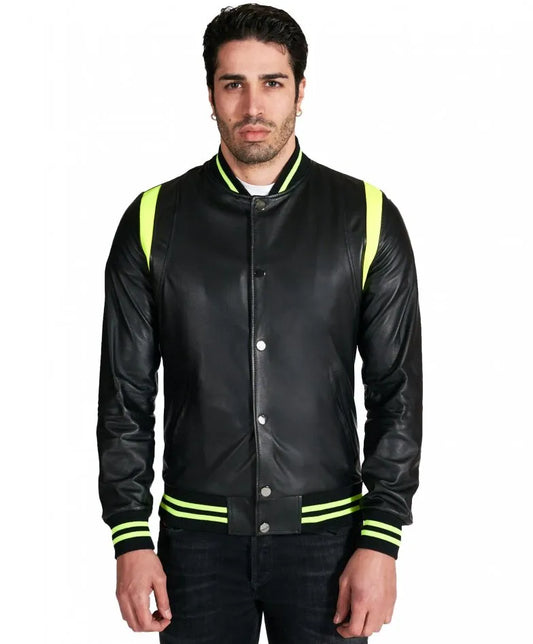 Black Real Leather Bomber Jacket for Men