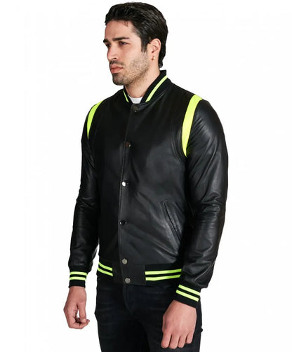 Black Real Leather Bomber Jacket for Men