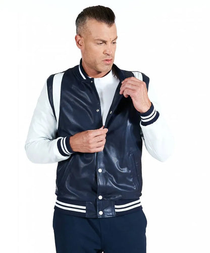 Men's Dark Blue and White Varsity Jacket