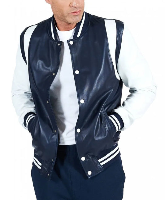 Men's Dark Blue and White Varsity Jacket