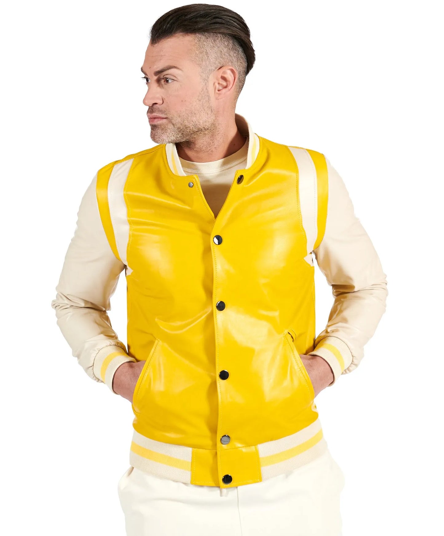 Men's Yellow Beige Leather Varsity jacket