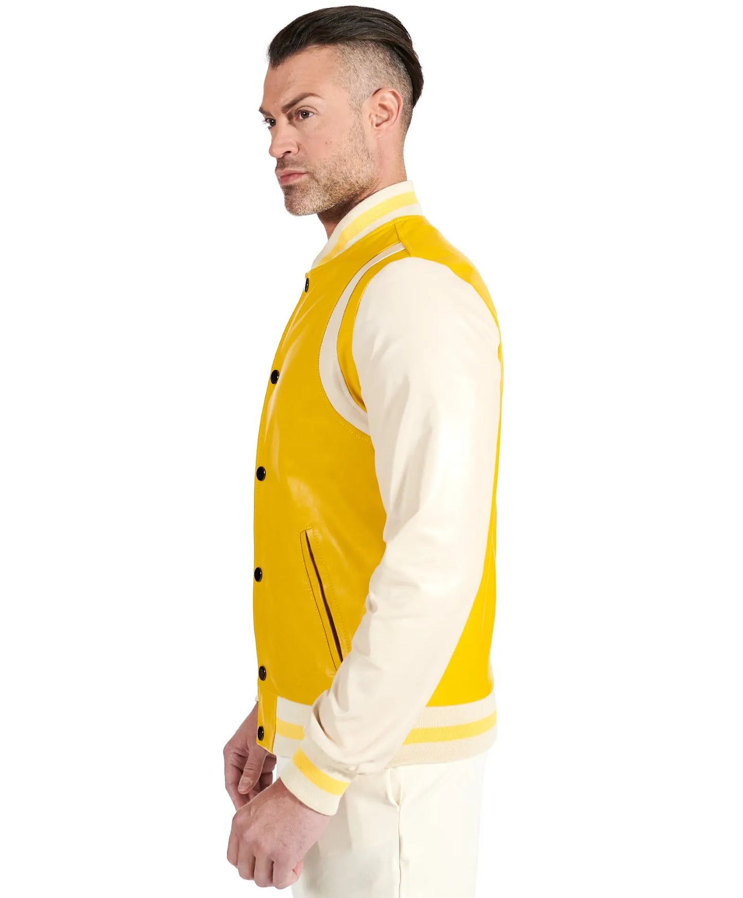 Men's Yellow Beige Leather Varsity jacket