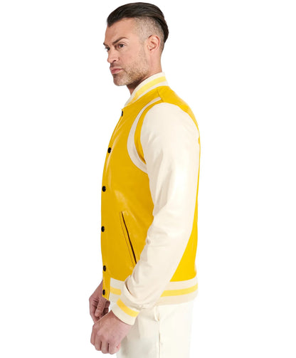 Men's Yellow Beige Leather Varsity jacket