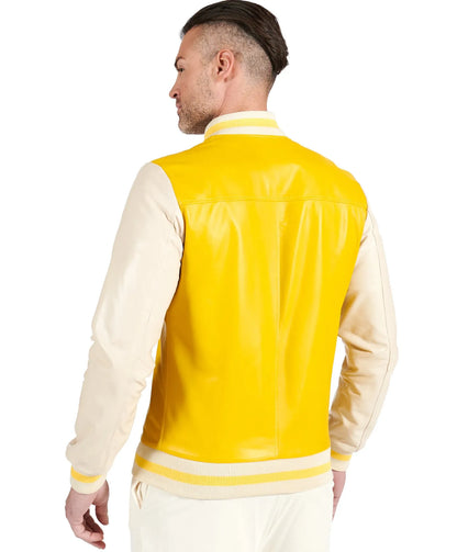 Men's Yellow Beige Leather Varsity jacket