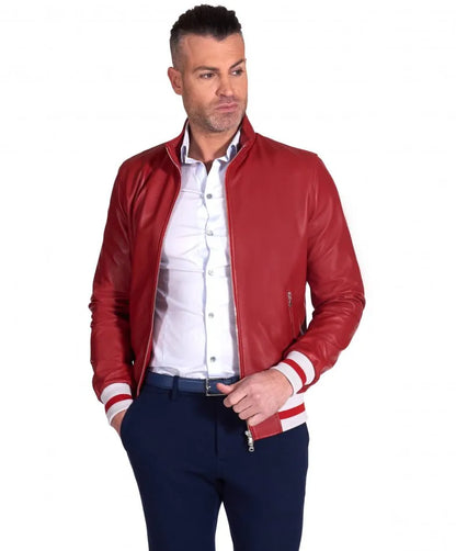 Men's Authentic Red Bomber Leather Jacket