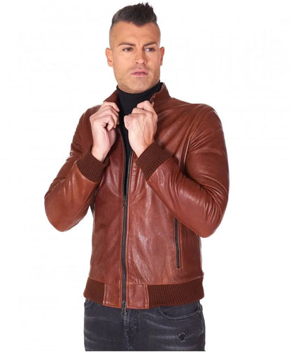 Men's Shiny Brown Bomber Leather Jacket