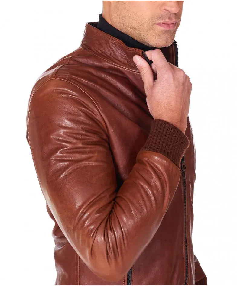 Men's Shiny Brown Bomber Leather Jacket