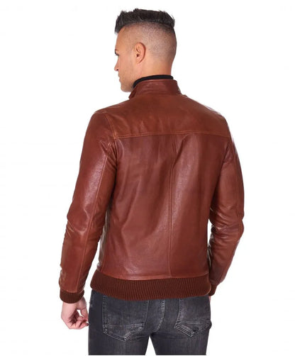 Men's Shiny Brown Bomber Leather Jacket