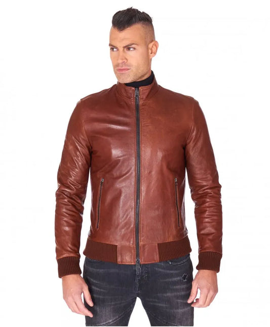 Men's Shiny Brown Bomber Leather Jacket