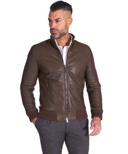 Taupe natural leather bomber jacket vintage aspect – Frozva