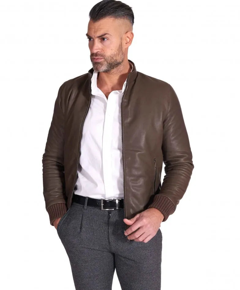 Taupe natural leather bomber jacket vintage aspect – Frozva