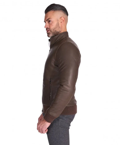 Taupe natural leather bomber jacket vintage aspect – Frozva