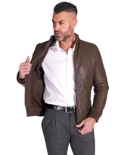 Taupe natural leather bomber jacket vintage aspect – Frozva