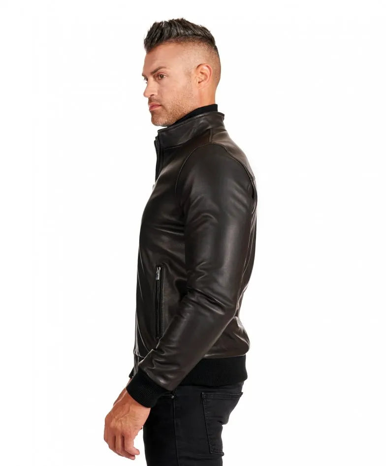 Black nappa lamb leather bomber jacket